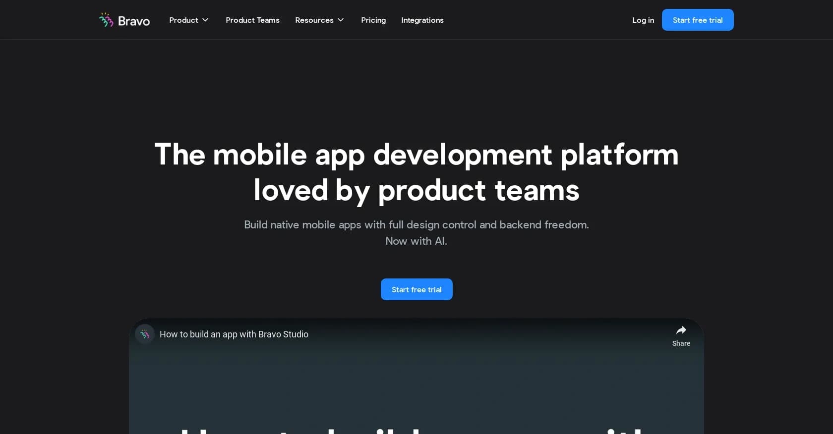 Bravostudio homepage screenshot — Build native mobile apps without code