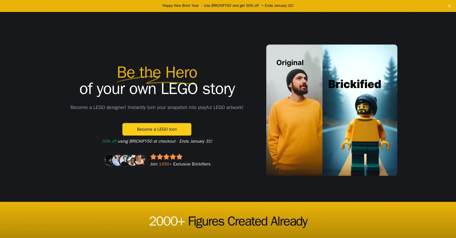 BrickifyMe homepage screenshot — Transform your photo into a custom LEGO figure.