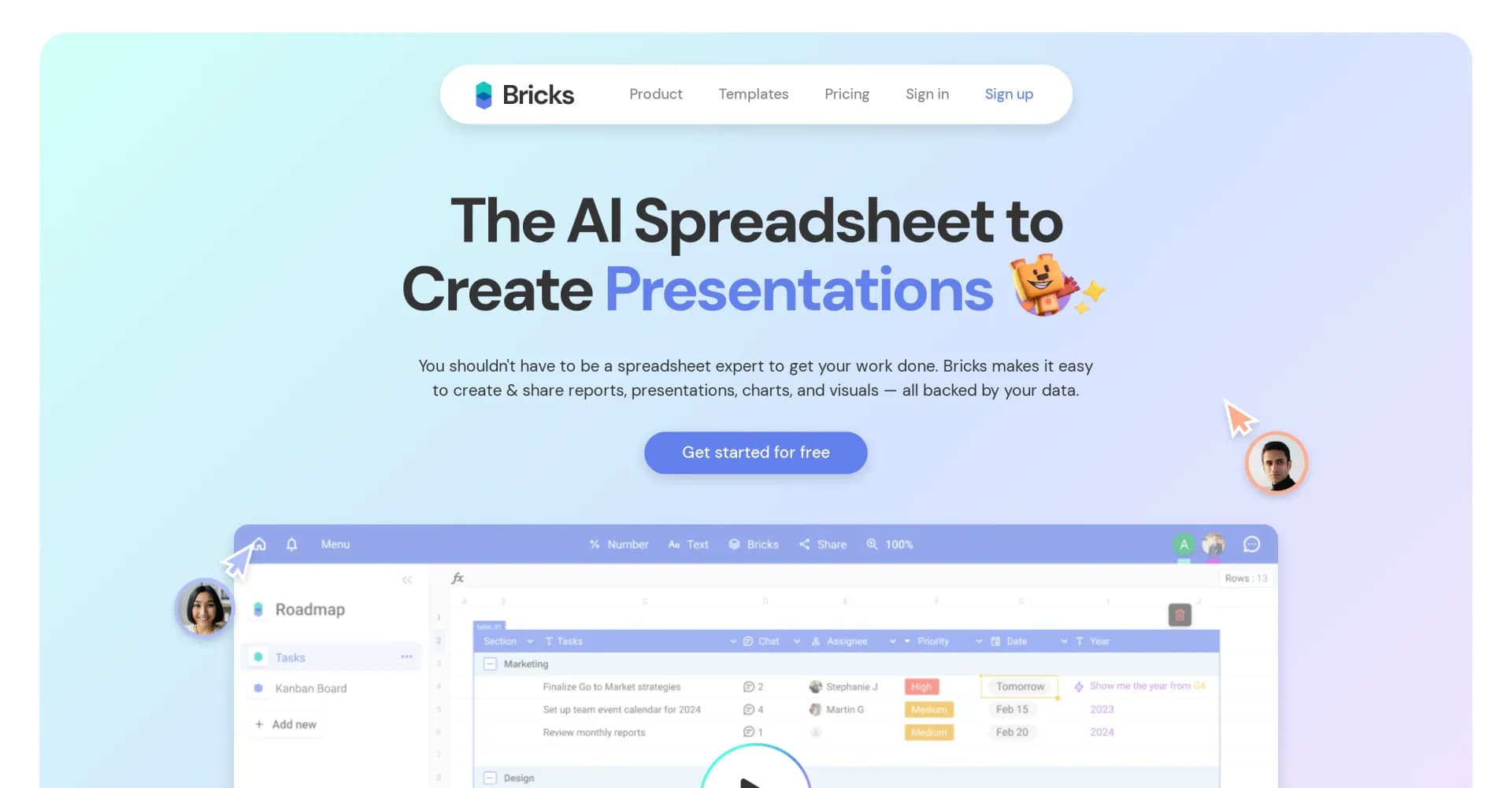 Bricks homepage screenshot — AI-powered spreadsheets for effortless reports.