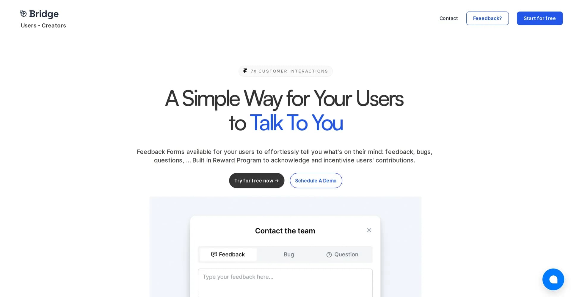 Bridge homepage screenshot — Connect better with your users through feedback forms.