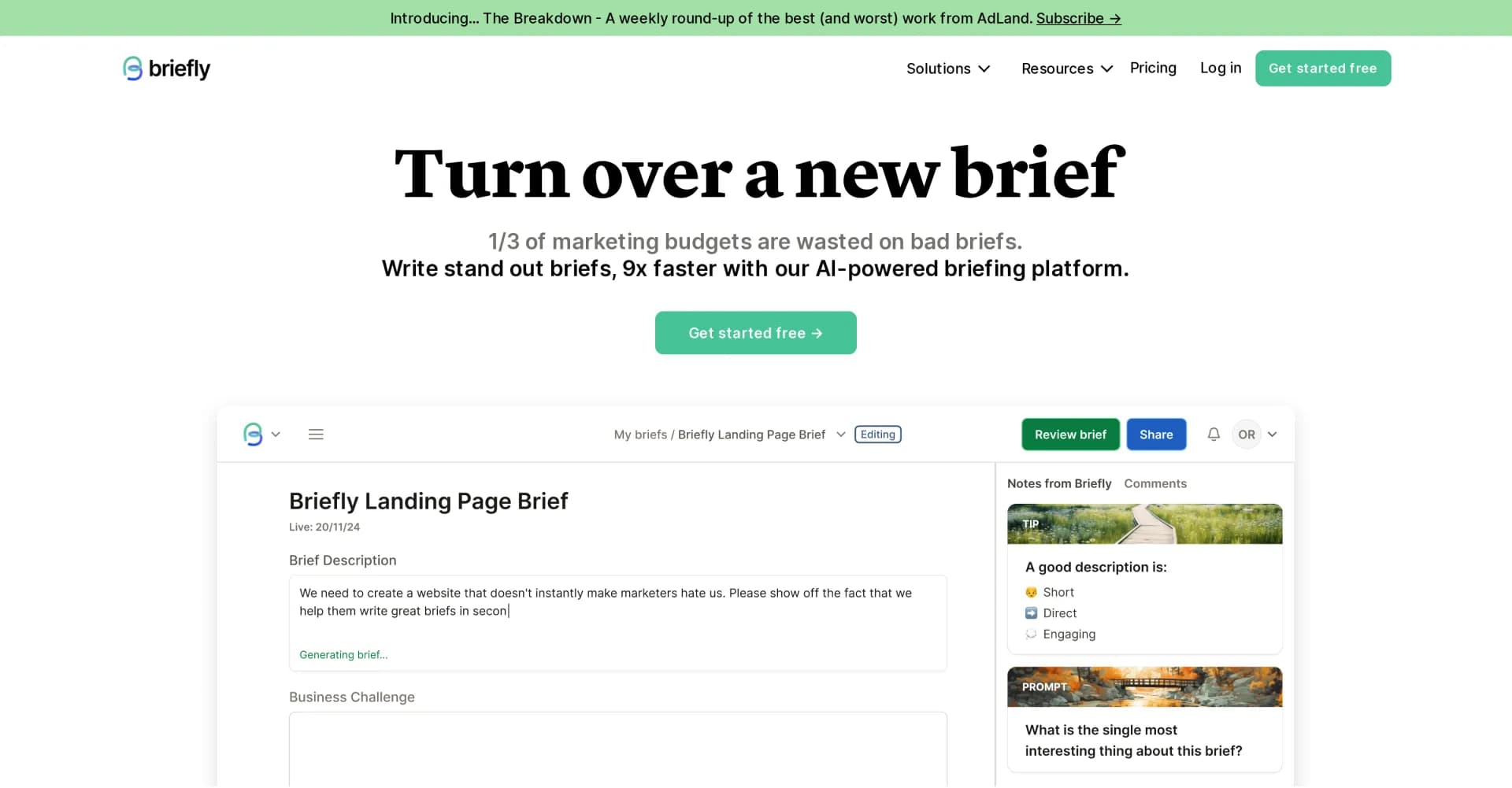 Briefly homepage screenshot — Write stand-out briefs 9x faster with AI