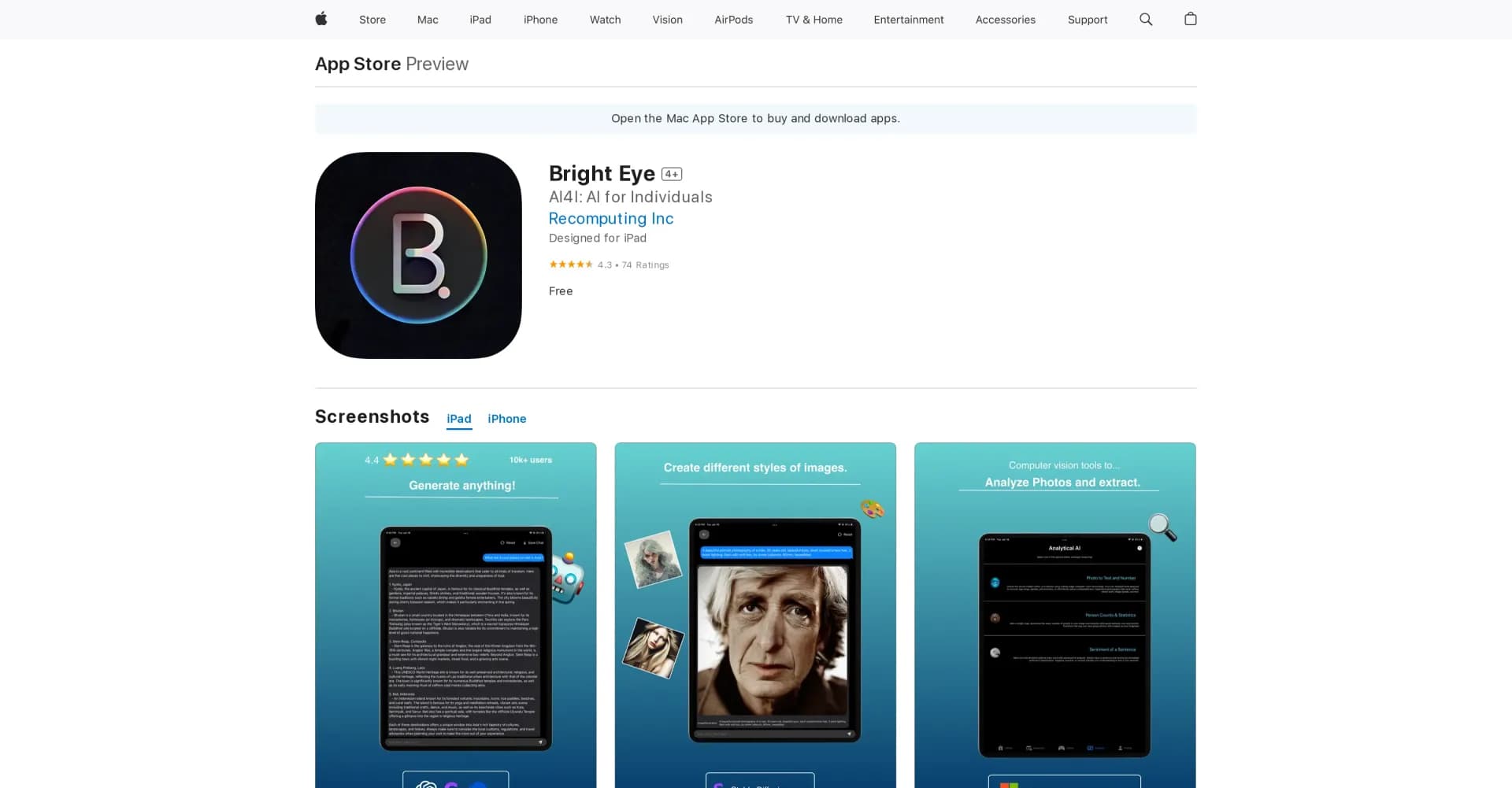 Bright Eye homepage screenshot — A multipurpose AI app for generation, gaming and analysis.