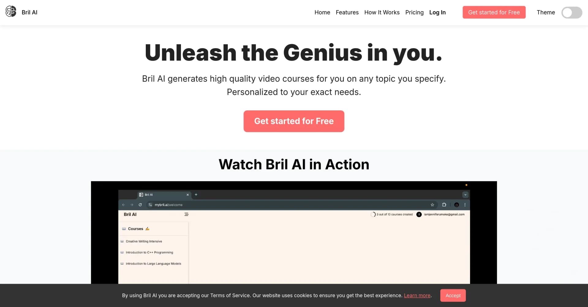 Bril AI homepage screenshot — Generate personalized video courses on any topic in minutes.