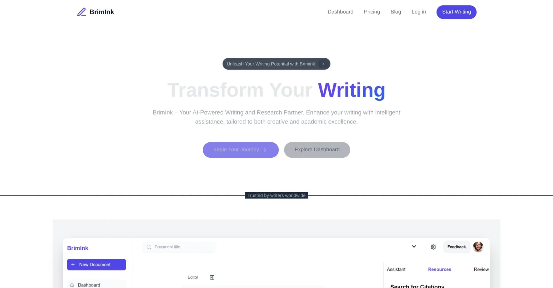 Brimink homepage screenshot — Supercharge your academic writing and research with AI.