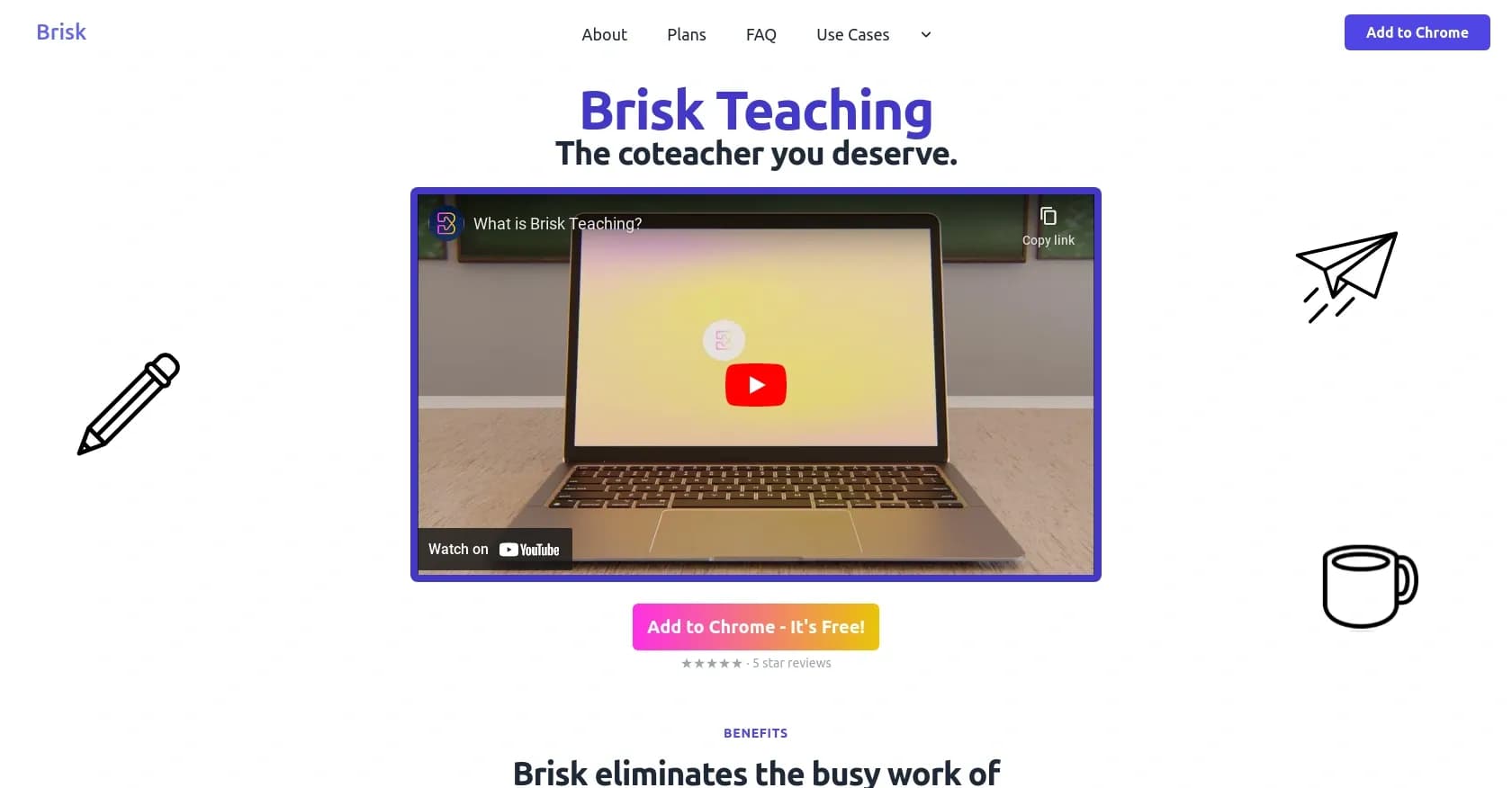Brisk Teaching homepage screenshot — AI writing detector for Google Docs and Classroom