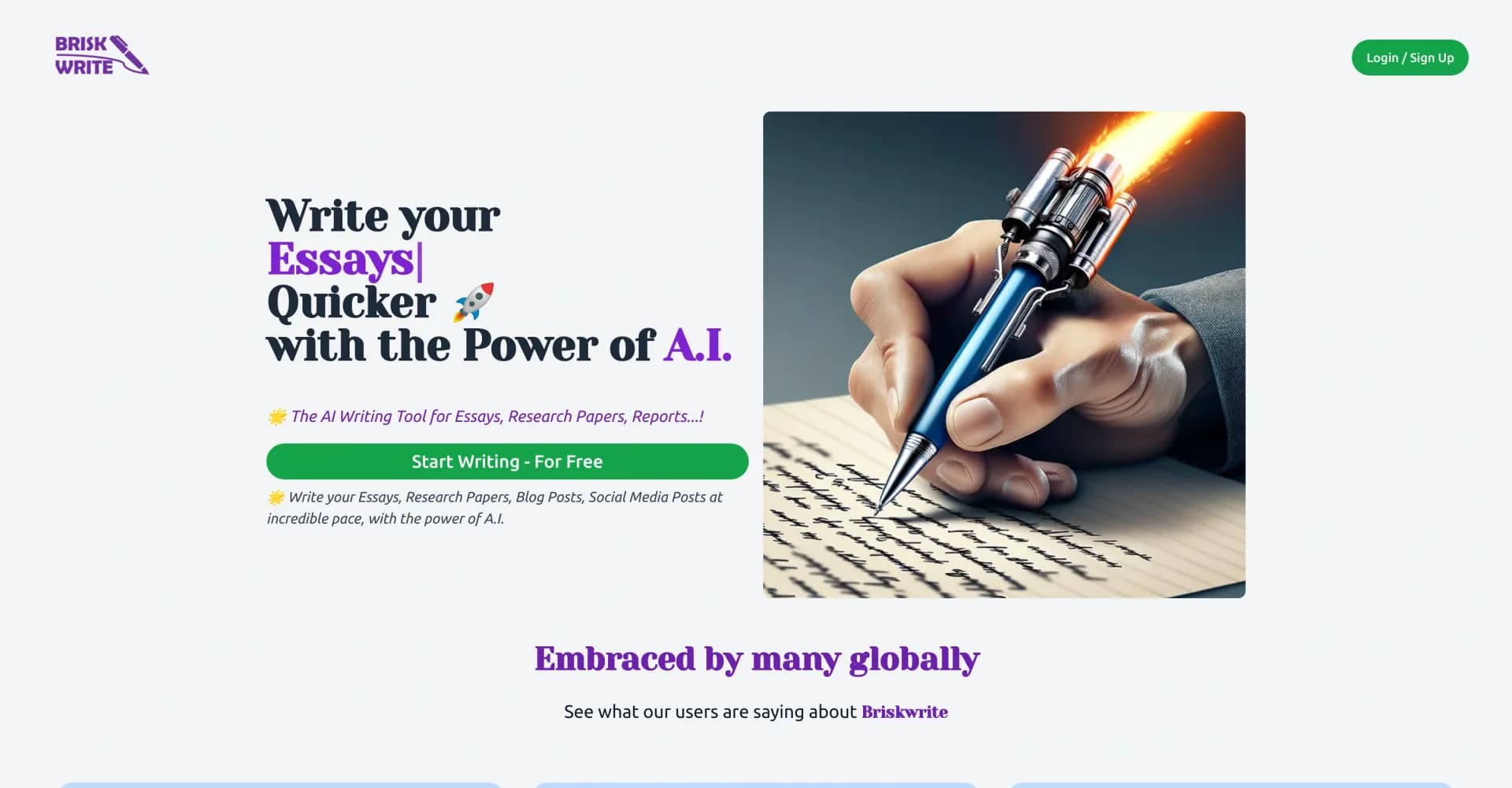 Brisk Write homepage screenshot — Write essays and papers quicker with AI power