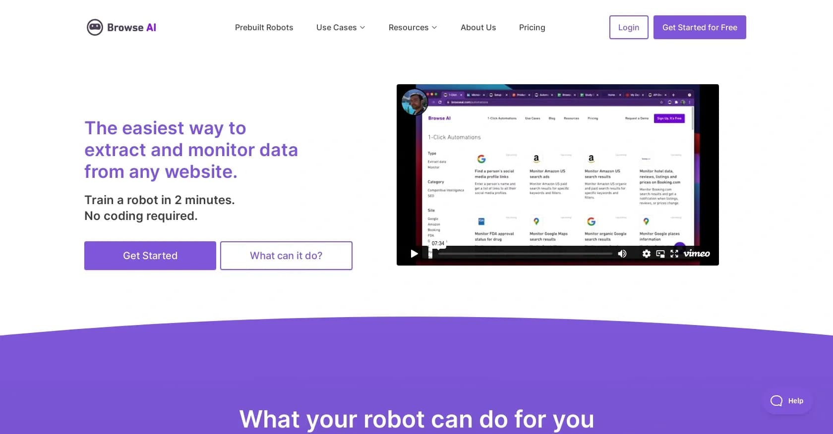 Browse AI homepage screenshot — Extract and monitor web data without code.
