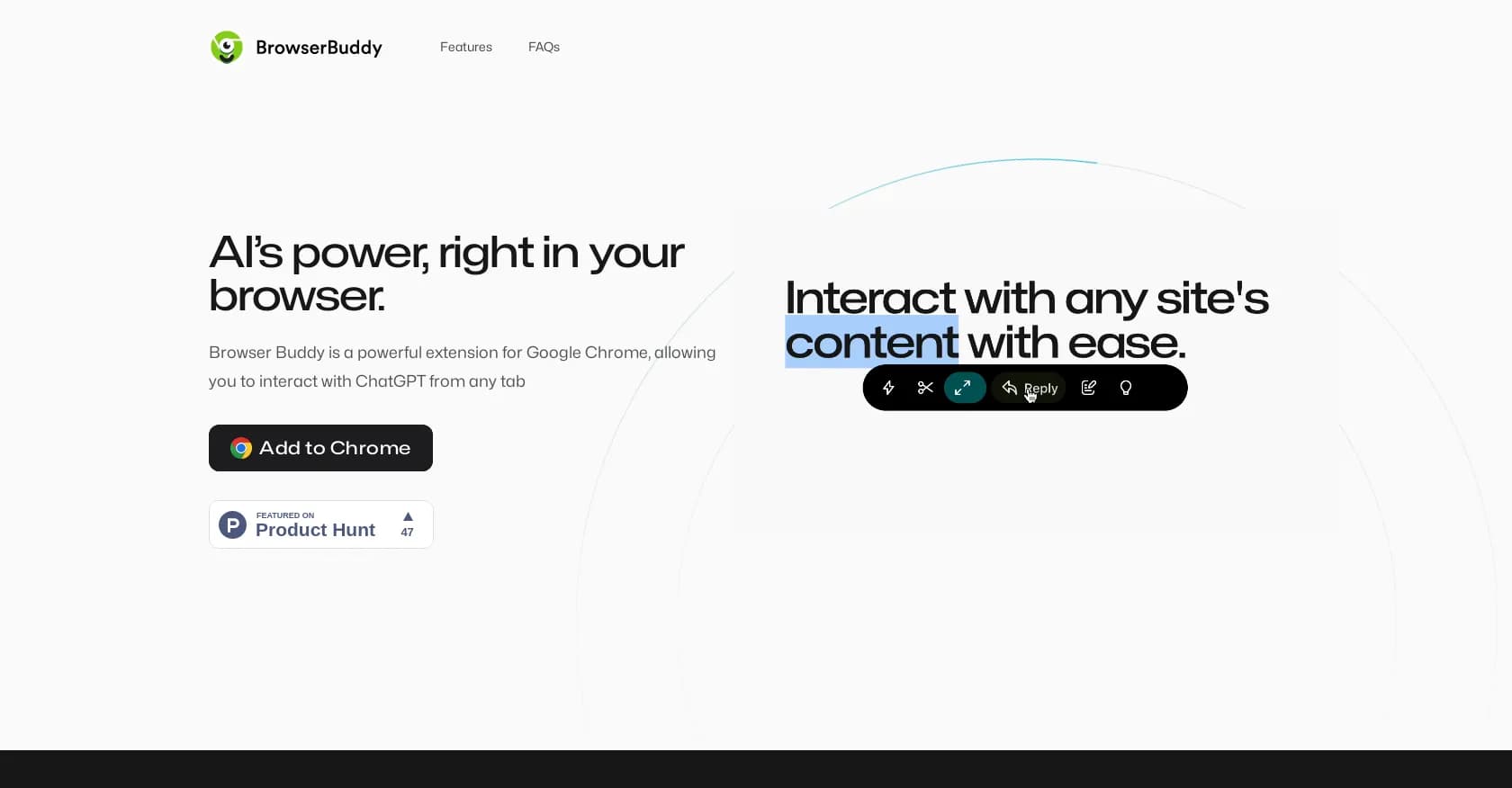 Browser Buddy homepage screenshot — AI power in your browser: Chat anywhere, anytime.