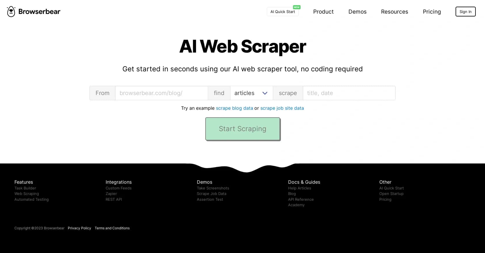 Browserbear homepage screenshot — Create browser automation with API and no-code tools