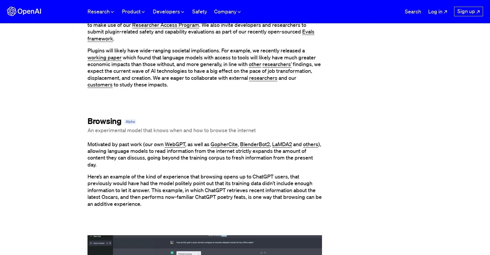 Browsing by Open AI homepage screenshot — Enhance ChatGPT with third-party tools and services.