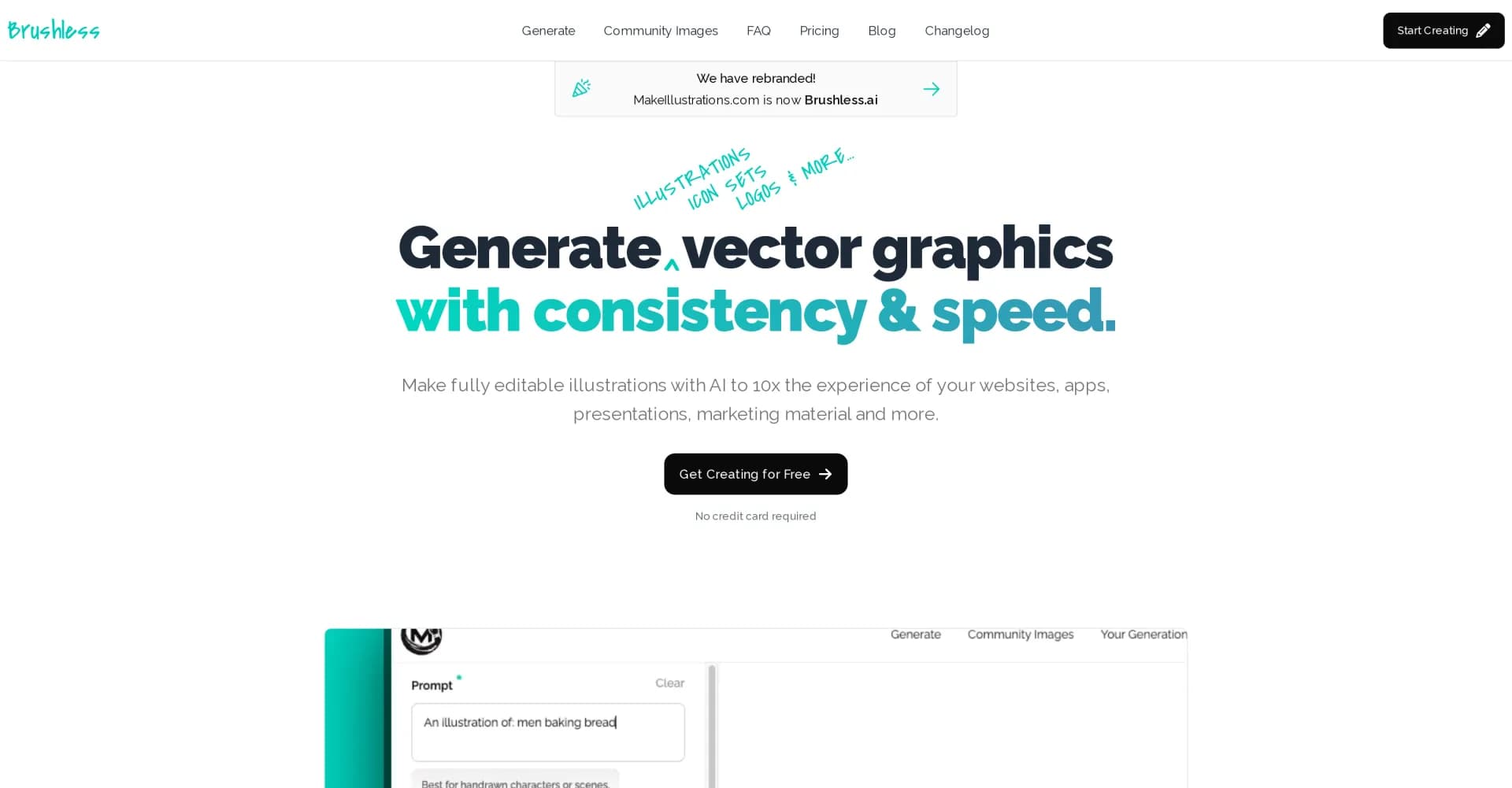 Brushless homepage screenshot — AI-powered vector graphics for seamless design.