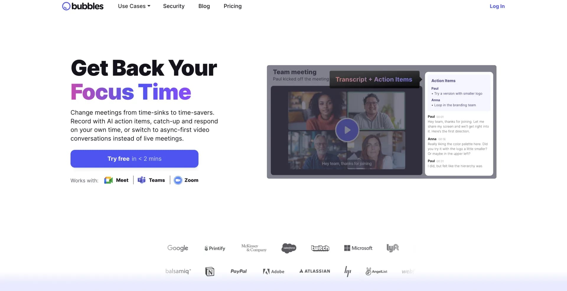Bubbles Notetakerv2.95 homepage screenshot — ⚡️ Supercharge your meeting productivity