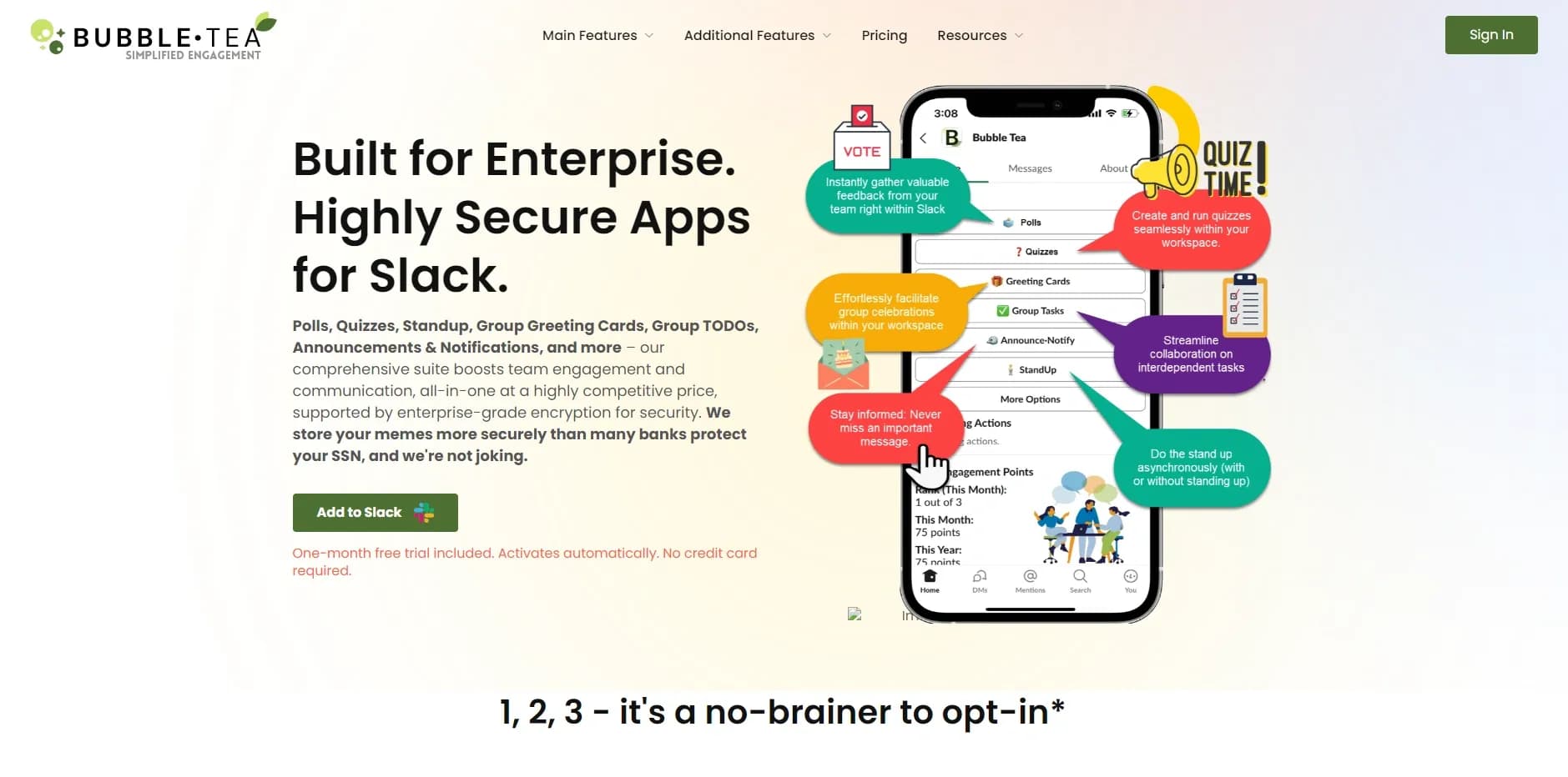 BubbleTea homepage screenshot — Boost team engagement with secure Slack apps
