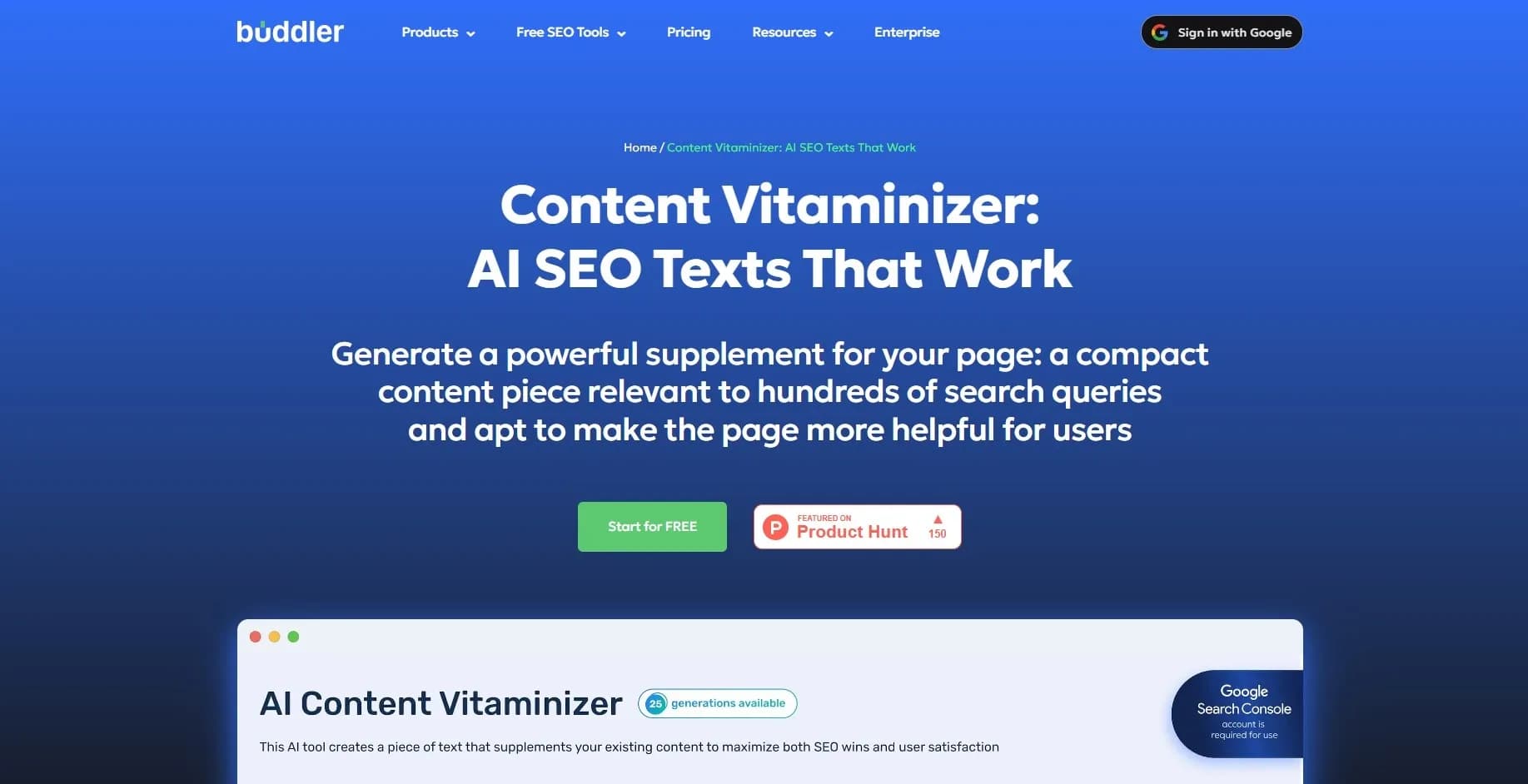 AI Content Vitaminizer by Buddler homepage screenshot — AI SEO Texts That Work