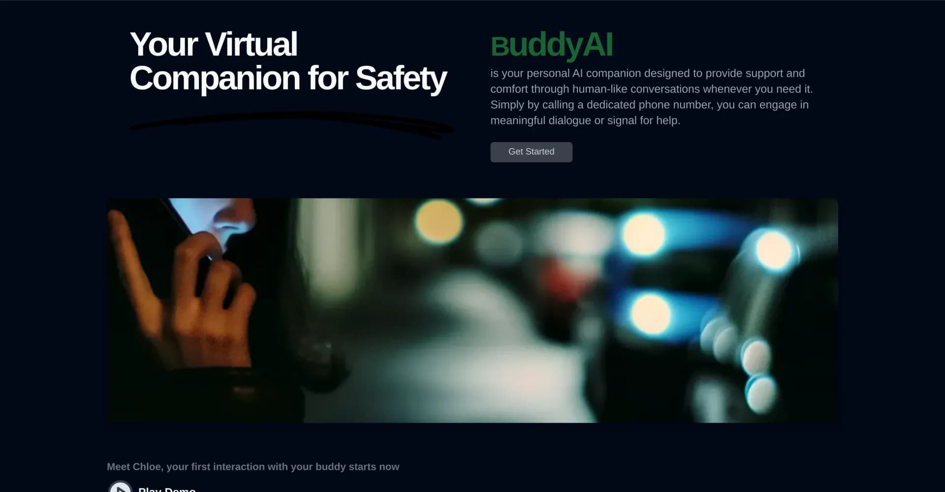 BuddyAI homepage screenshot — Your AI companion for safety on-the-go.