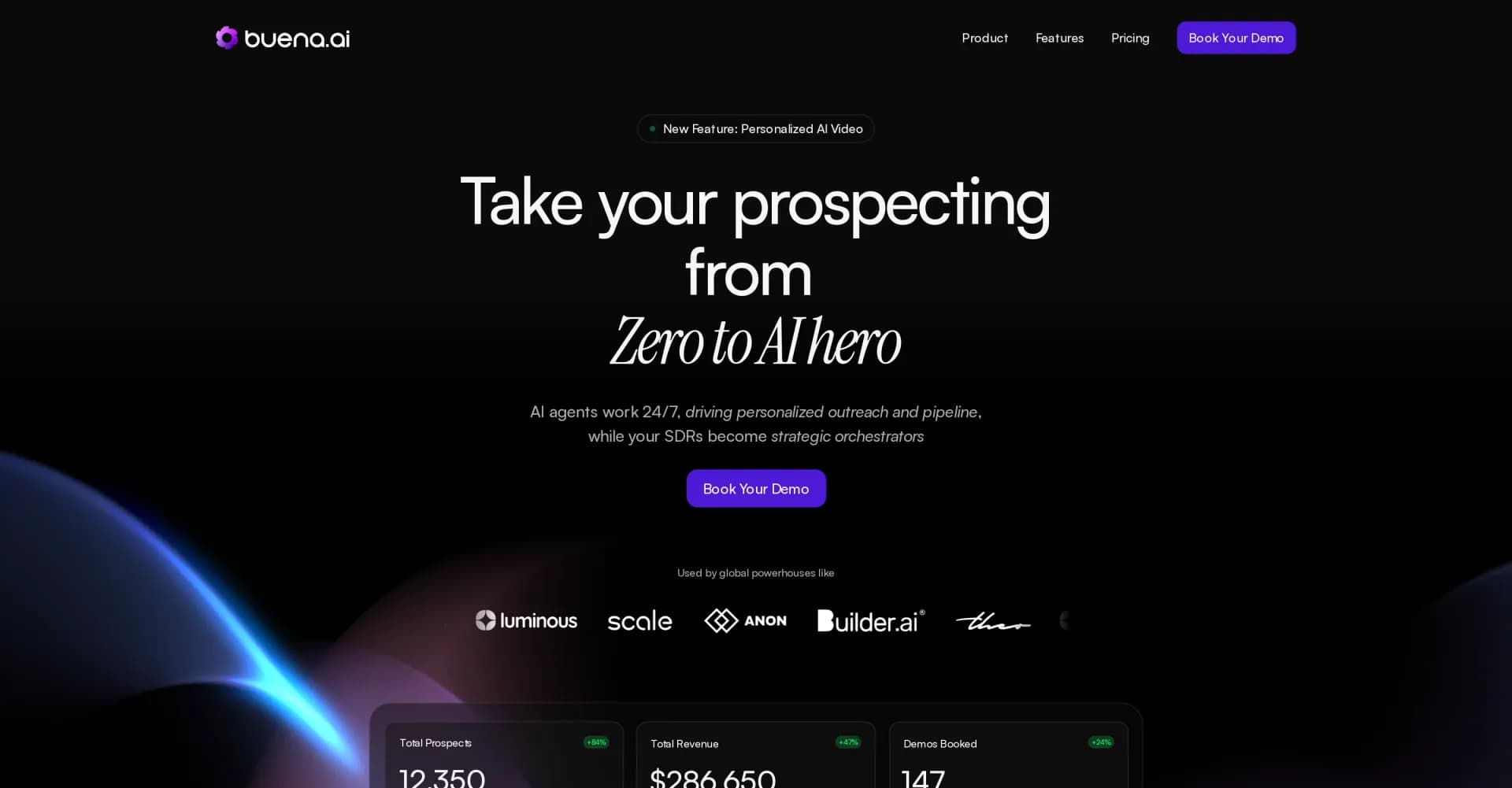 Buena.ai homepage screenshot — AI agents supercharge sales outreach 24/7