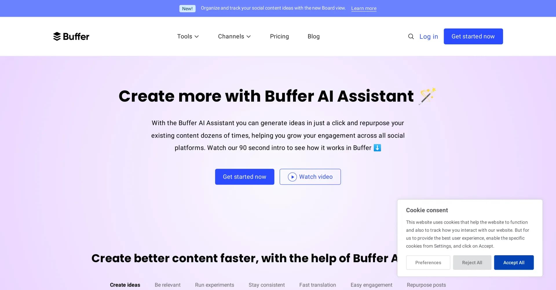 Buffer AI assistant homepage screenshot — Create content faster with AI-powered social media tools.