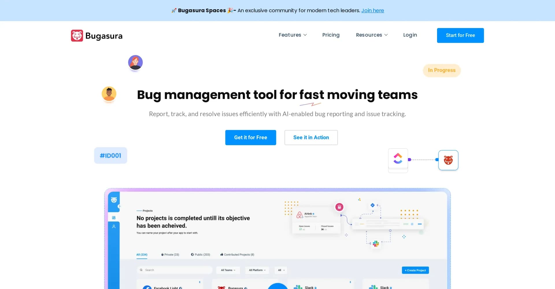 Bugasura homepage screenshot — AI-powered bug tracking for faster resolution.