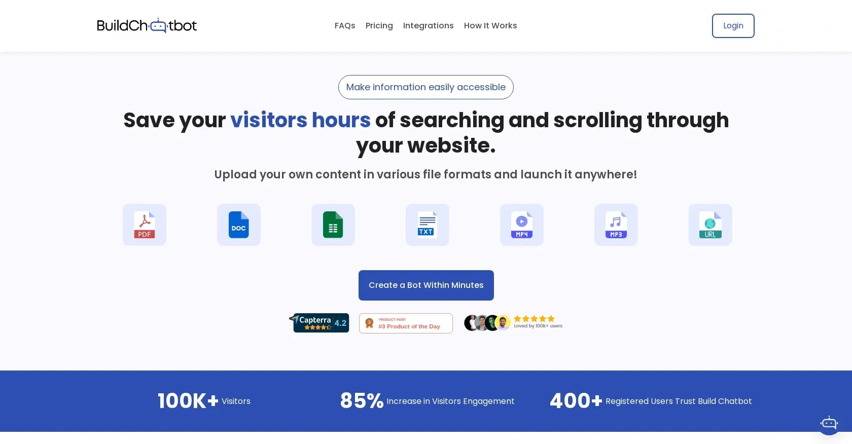 Build Chatbot homepage screenshot — Make information easily accessible with AI chatbots