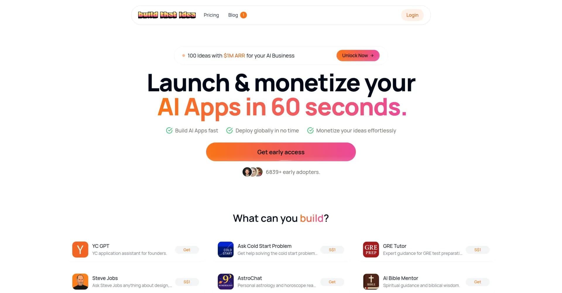 Build That Idea homepage screenshot — Launch AI apps in 60 seconds without coding