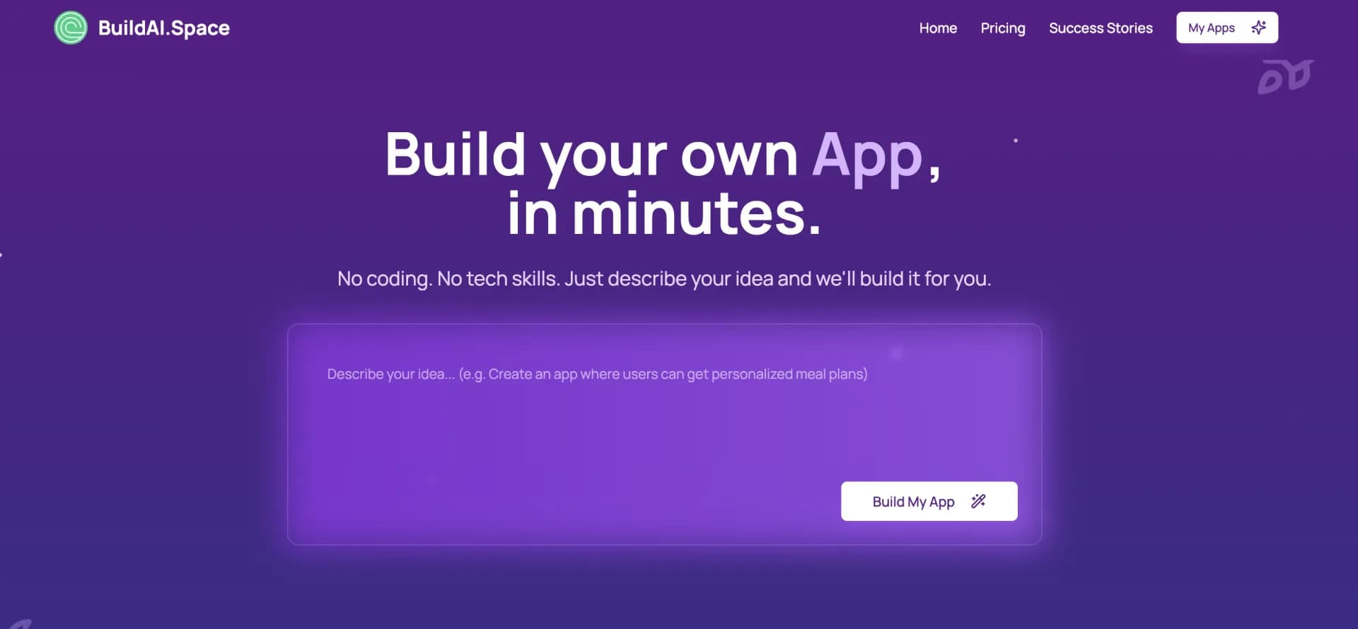 BuildAI.Space homepage screenshot — Create AI Apps without code in minutes.