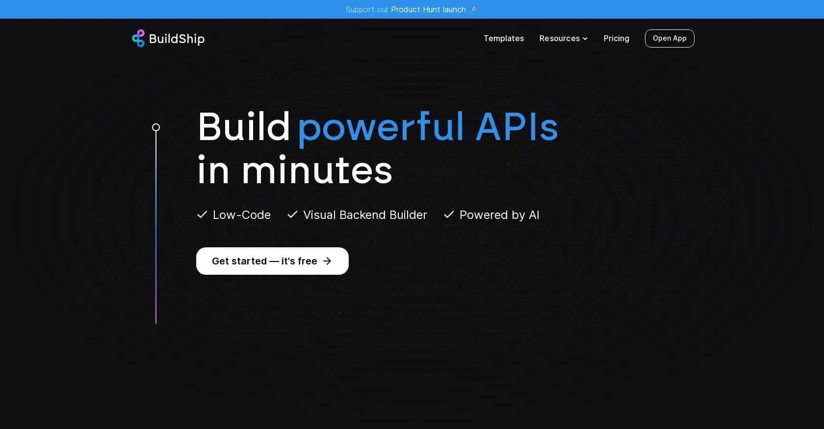 Buildship homepage screenshot — Build powerful APIs visually with AI-powered nodes