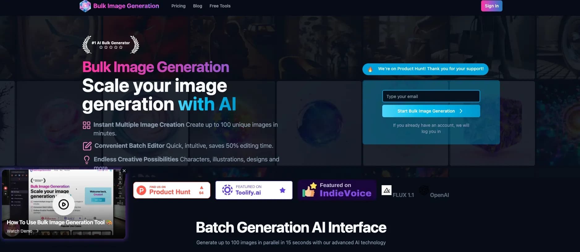 Bulk Image Generator homepage screenshot — Generate 100+ professional AI images in seconds