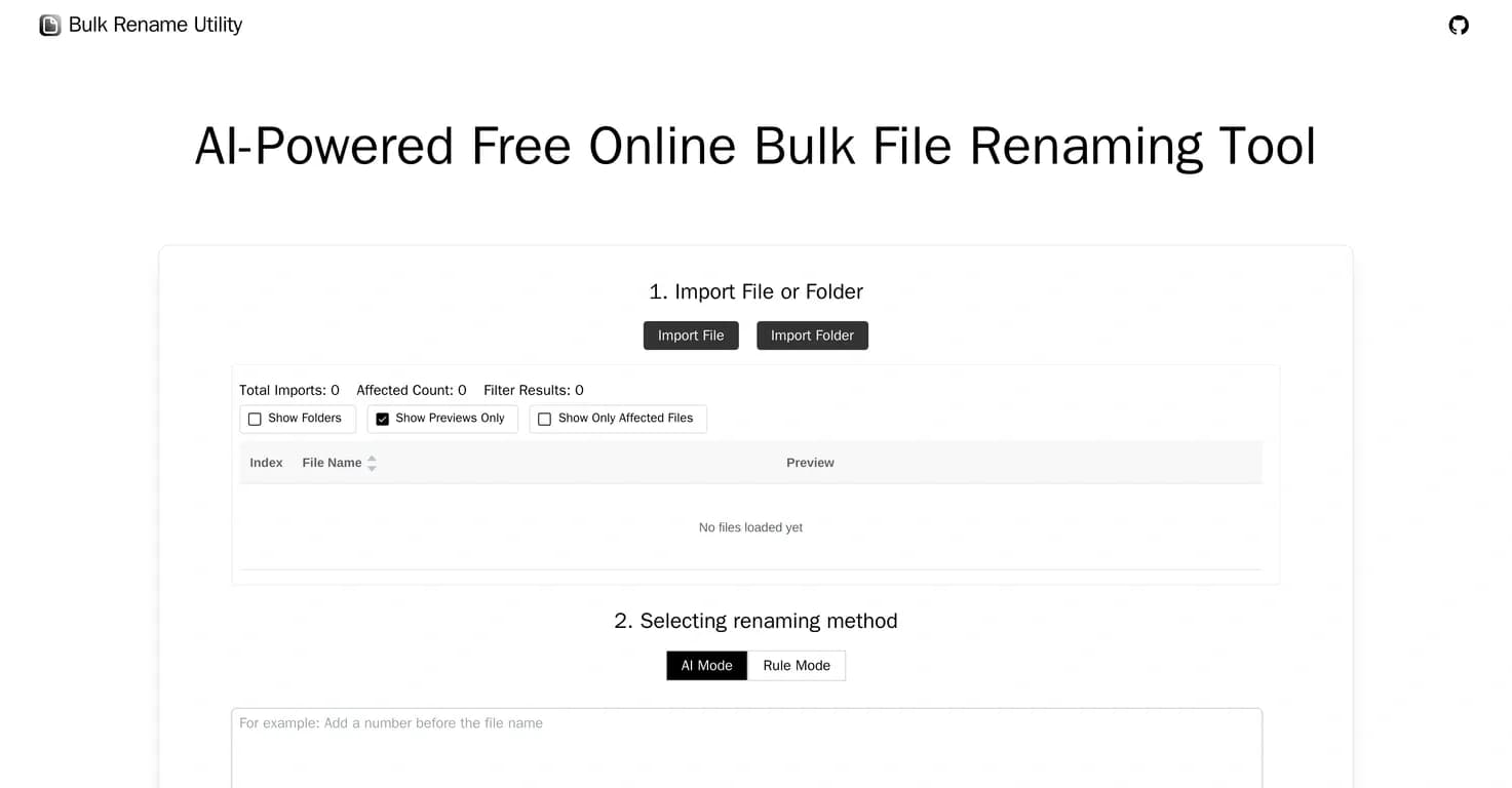 Bulk Rename Utility homepage screenshot — Batch rename files with AI and rules, online and free.