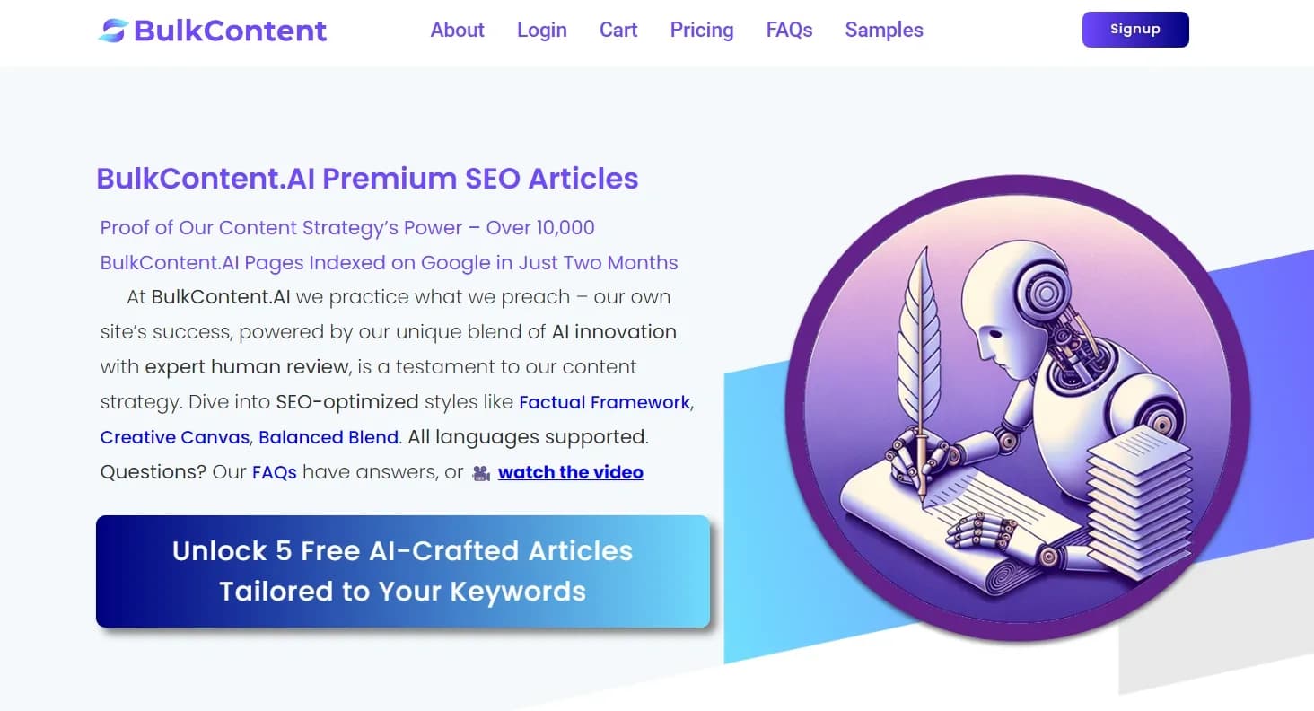 BulkContent homepage screenshot — Maximize Your SEO Impact with Up to 500 AI-Crafted Content A