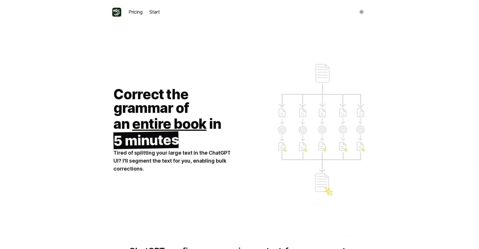BulkCorrector homepage screenshot — Correct an entire book's grammar in 5 minutes