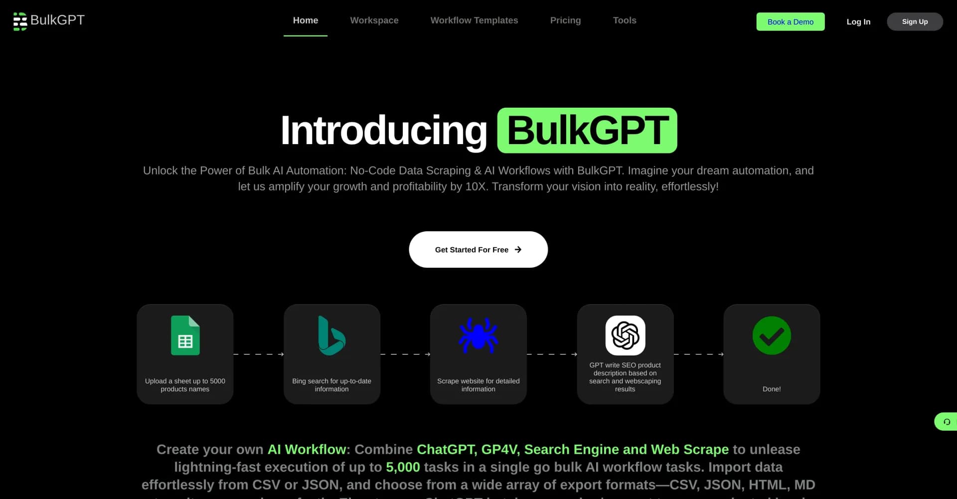 BulkGPT homepage screenshot — Perform bulk ChatGPT API requests at lightning speed.