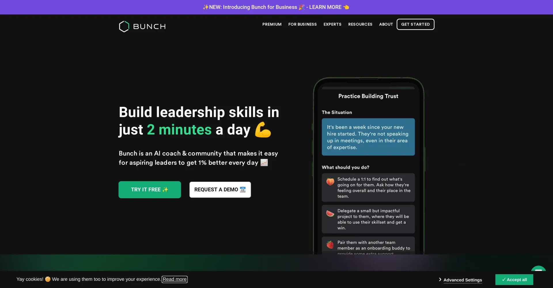Bunch homepage screenshot — AI coach for ambitious leaders in 2 minutes daily