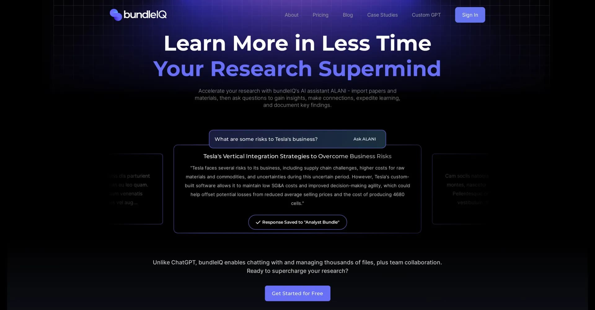 bundleIQ homepage screenshot — Your AI research assistant for faster insights.