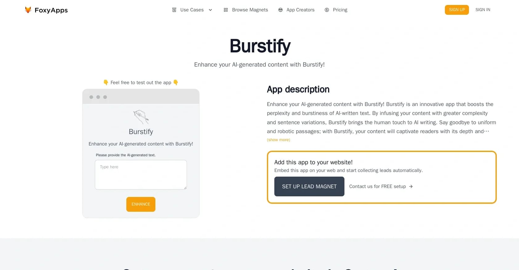 Burstify homepage screenshot — Humanize AI-written text with complexity and creativity.