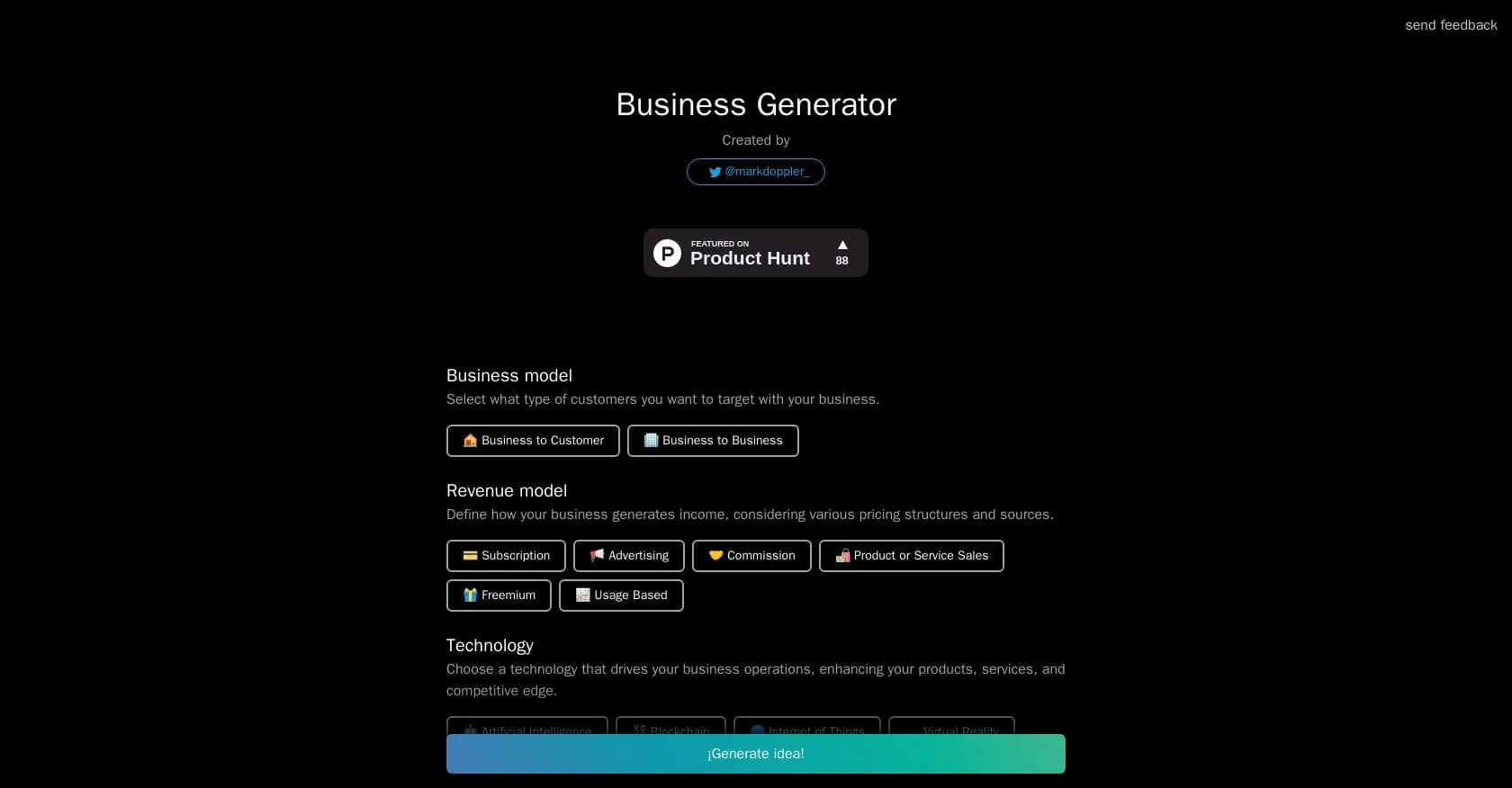 Business Idea Generator AI homepage screenshot — Generate innovative business ideas with AI