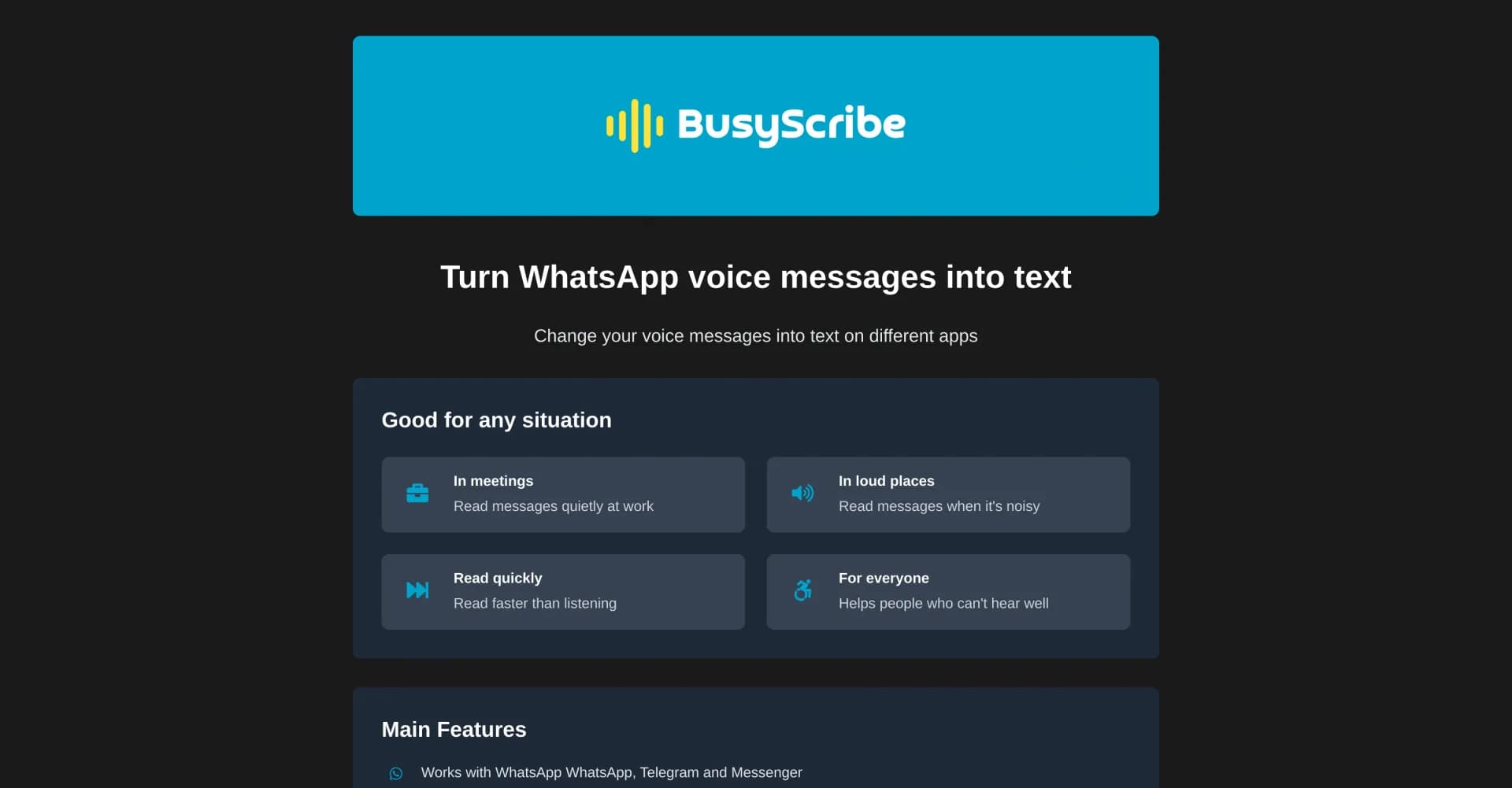 BusyScribe homepage screenshot — Turn WhatsApp voice messages into text.