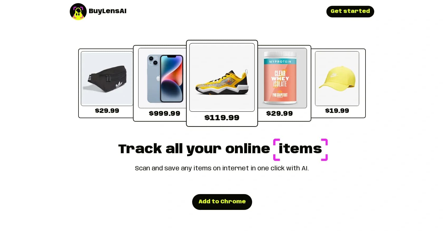 BuyLensAI homepage screenshot — Track all your online items with AI