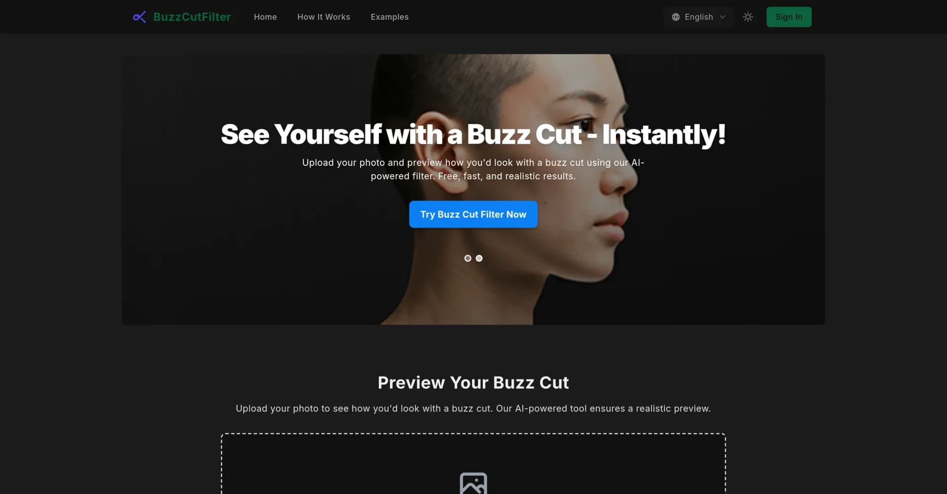 Buzz Cut Filter homepage screenshot — See yourself with a buzz cut instantly