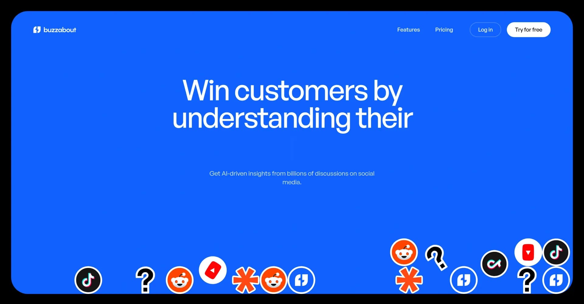 Buzzabout homepage screenshot — Extract key insights from social media to win customers.