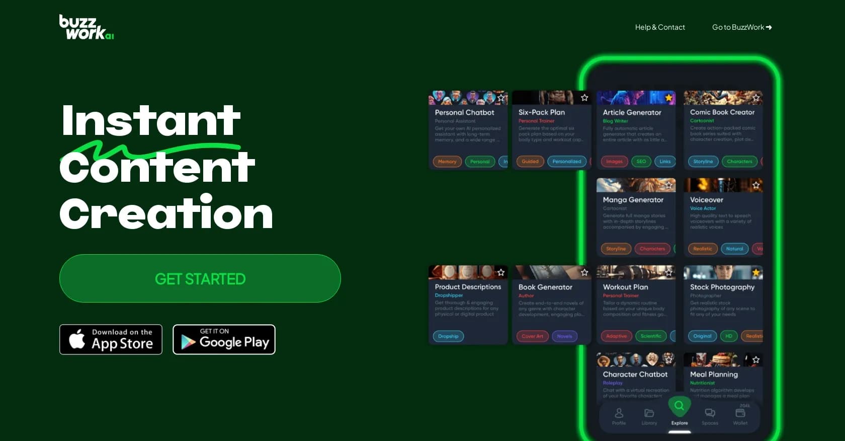 BuzzWork homepage screenshot — Instant AI content creation for stories and articles