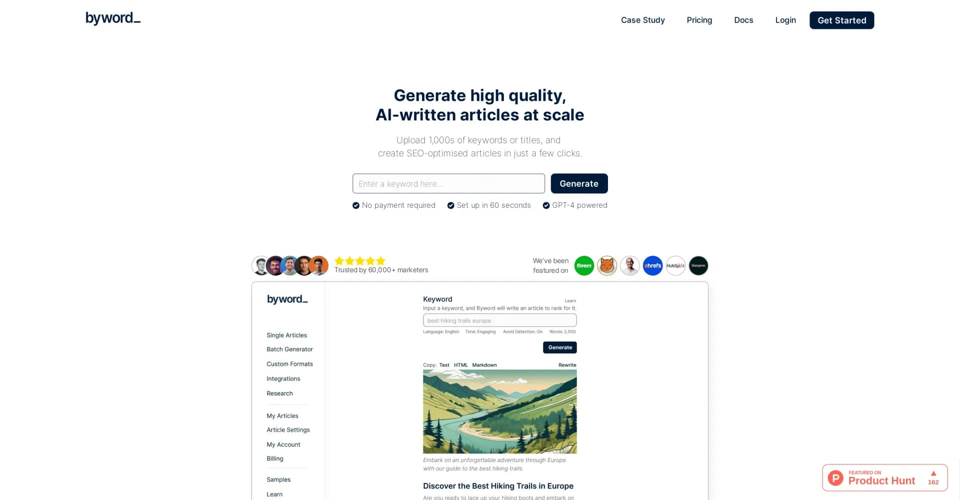 byword.ai homepage screenshot — Generate high-quality articles at scale with AI.