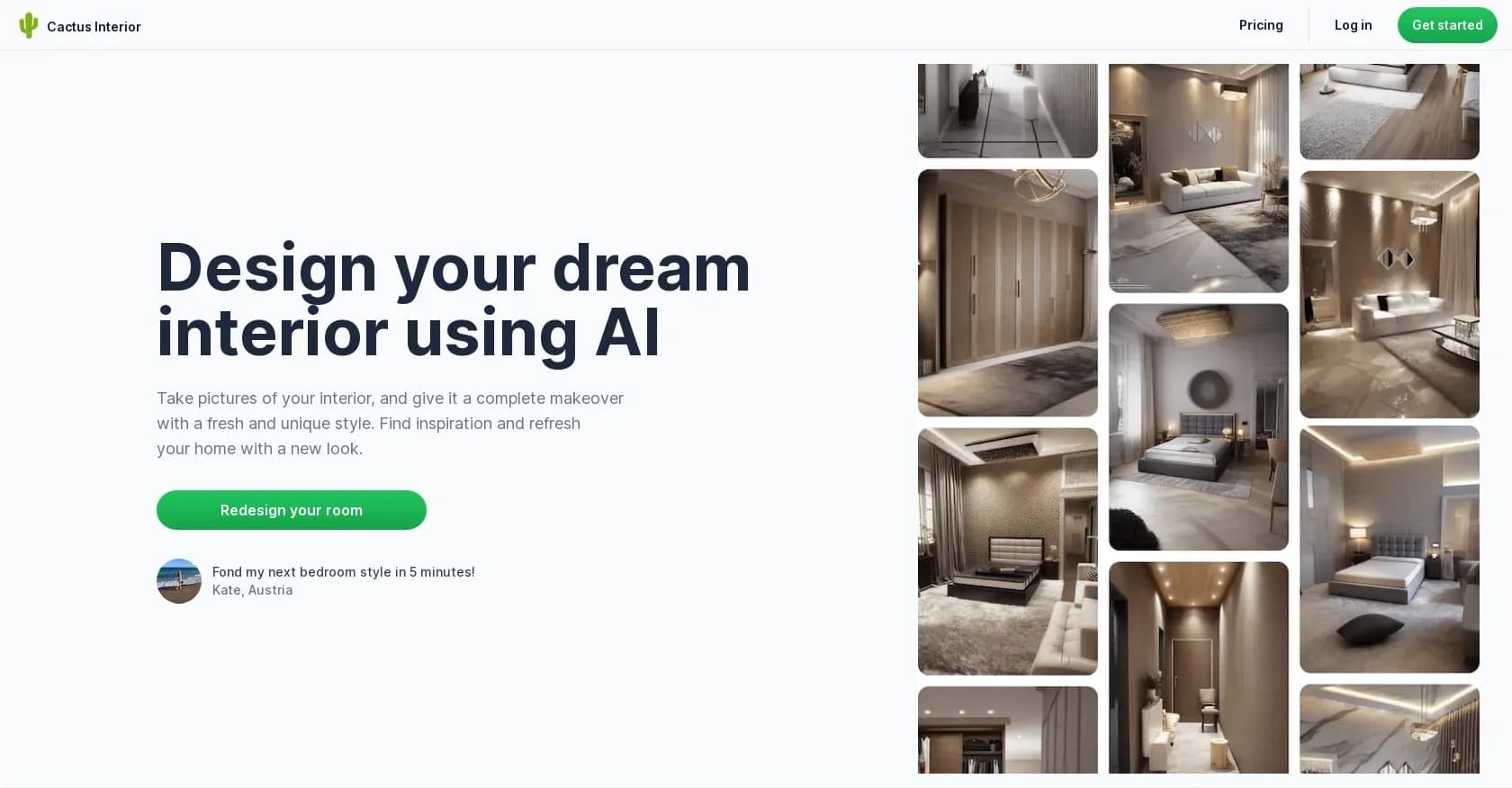 Cactus interior homepage screenshot — Transform spaces with AI-powered interior design.