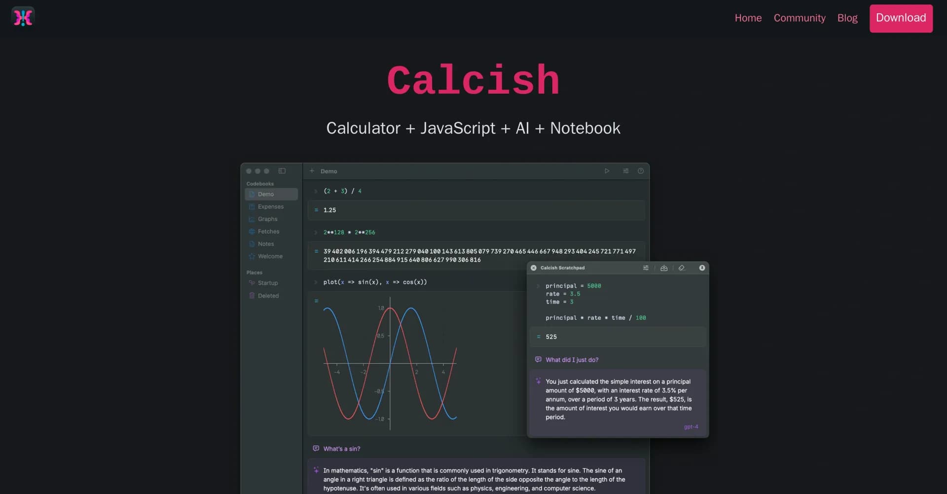 Calcish homepage screenshot — Calculator, JavaScript, AI, and notebook in one tool.
