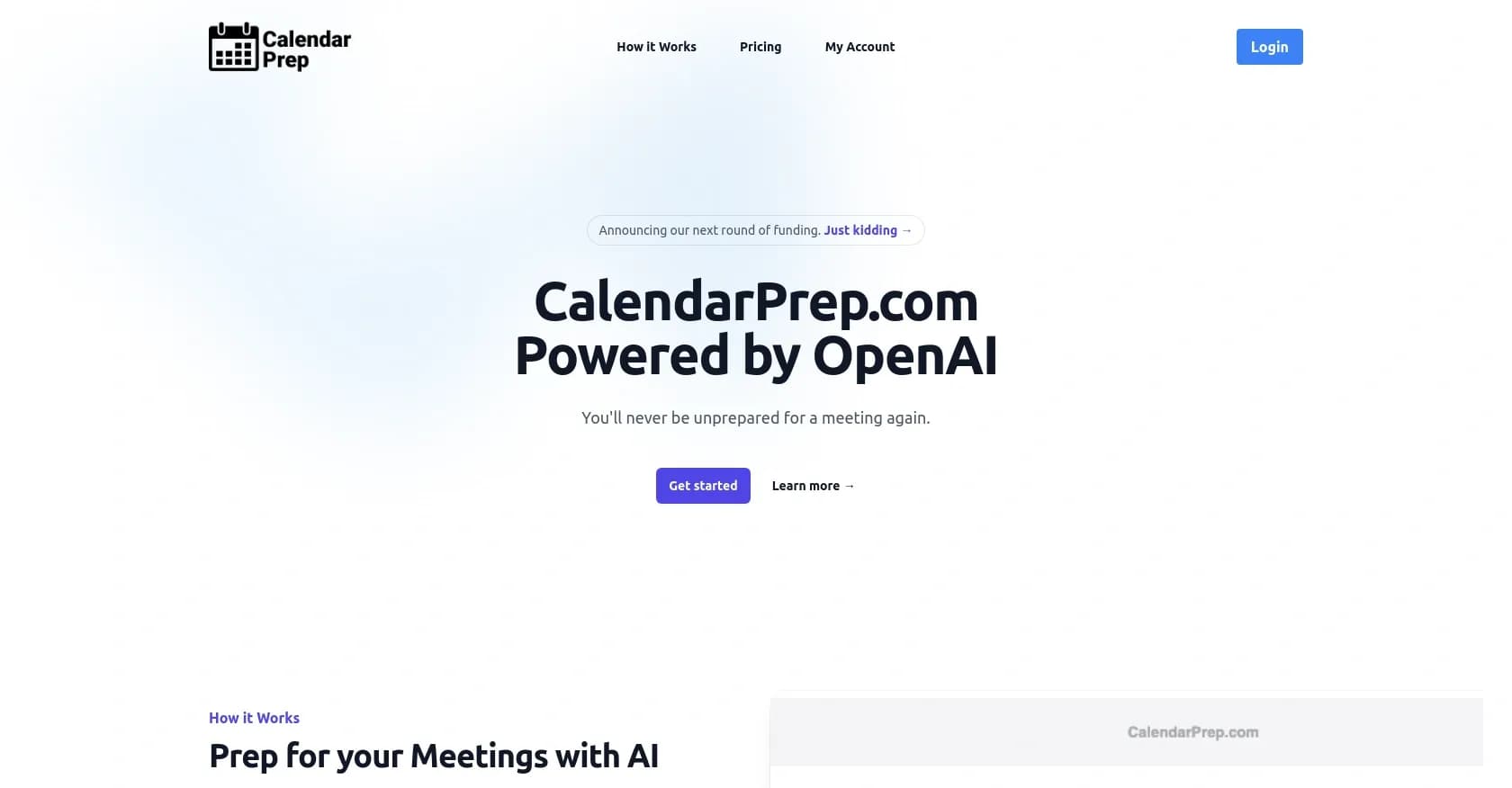 CalendarPrep homepage screenshot — AI-powered meeting prep delivered to your inbox.
