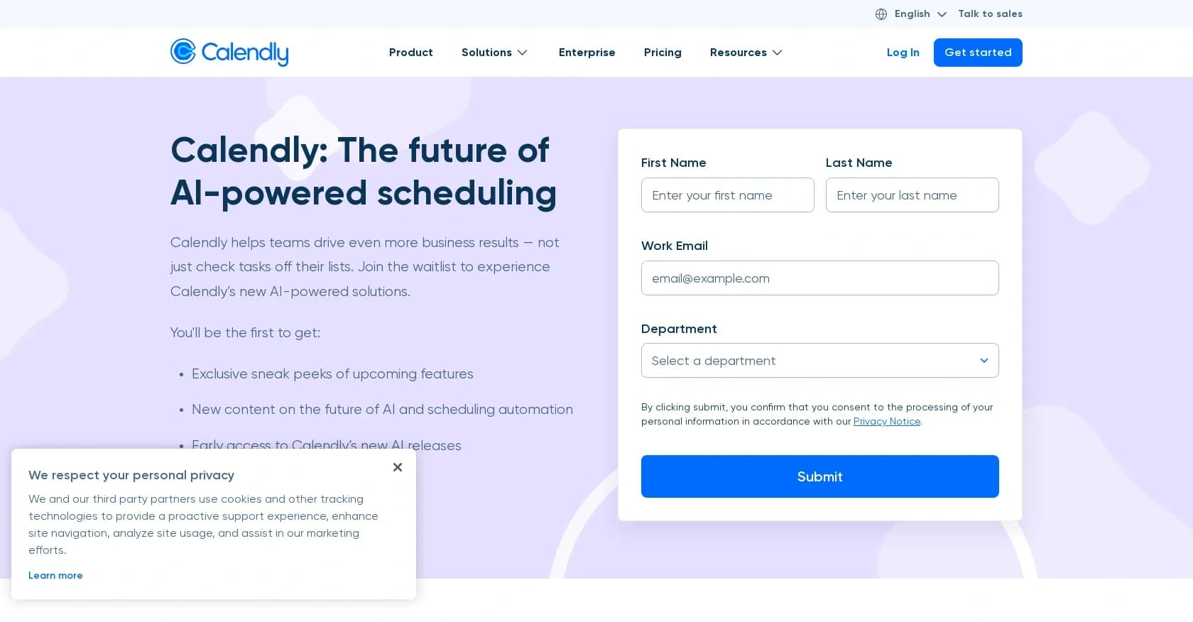 Calendly homepage screenshot — AI-powered scheduling to drive business results