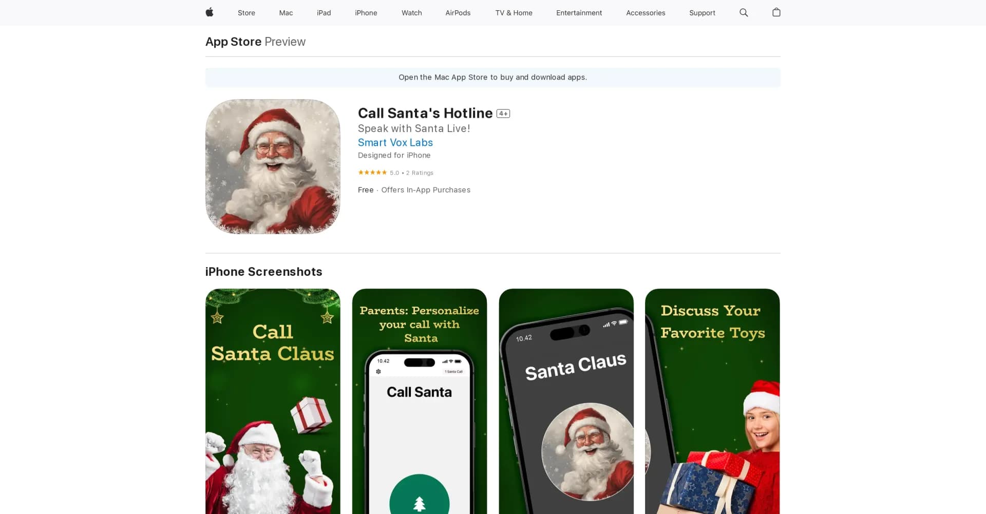 Call Santa's Hotline homepage screenshot — Connect with Santa directly from your device.