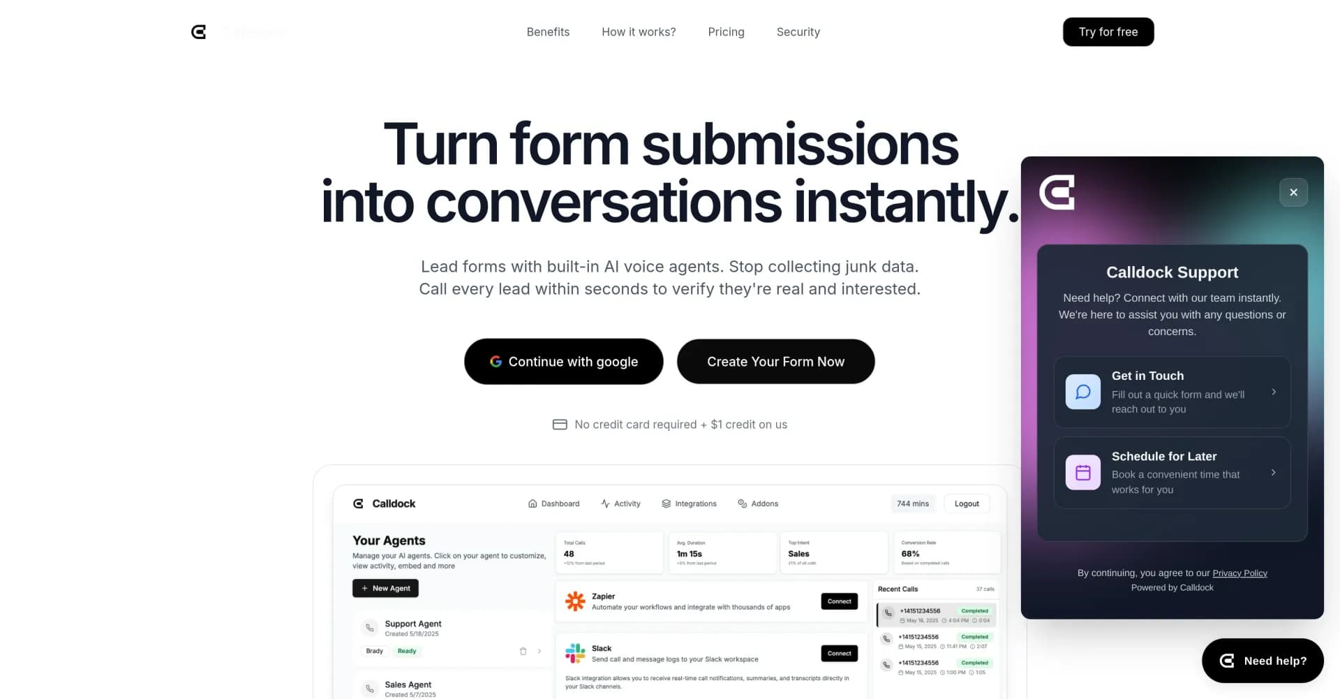 Calldock homepage screenshot — Add AI voice agents to your website in minutes.
