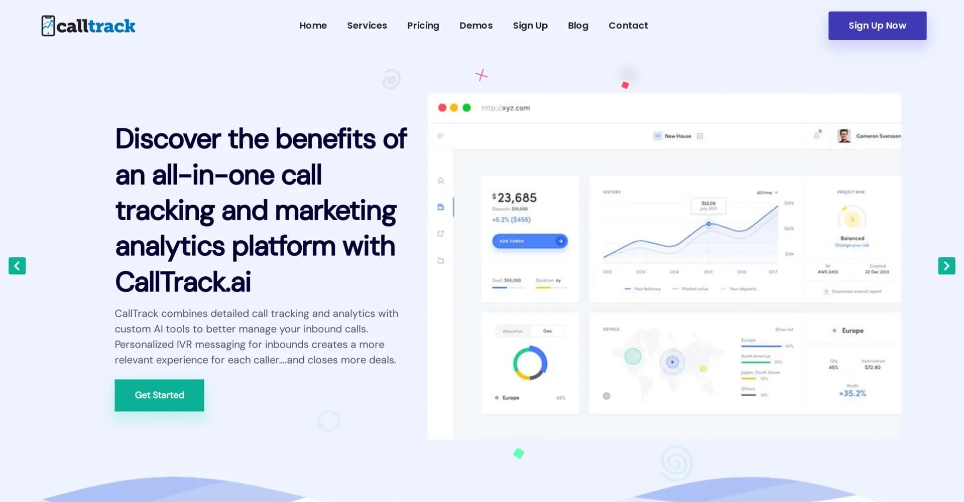 CallTrack.ai homepage screenshot — Optimize calls, boost sales with AI-powered tracking.