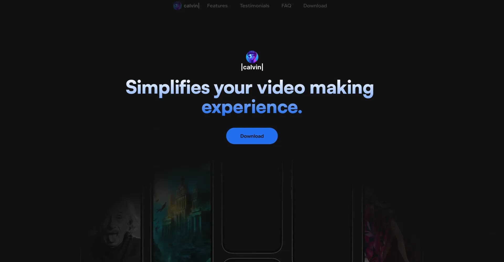 Calvin - AI Shorts Maker homepage screenshot — Effortless video creation like never before with AI.