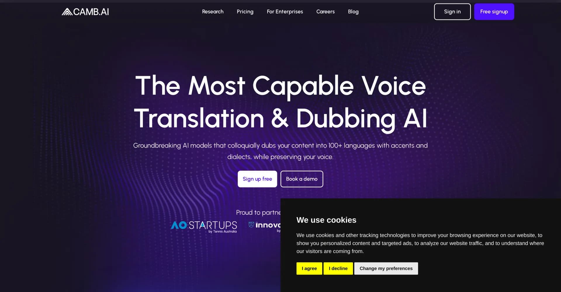 Camb homepage screenshot — AI voice translation and dubbing for videos in 100+ language